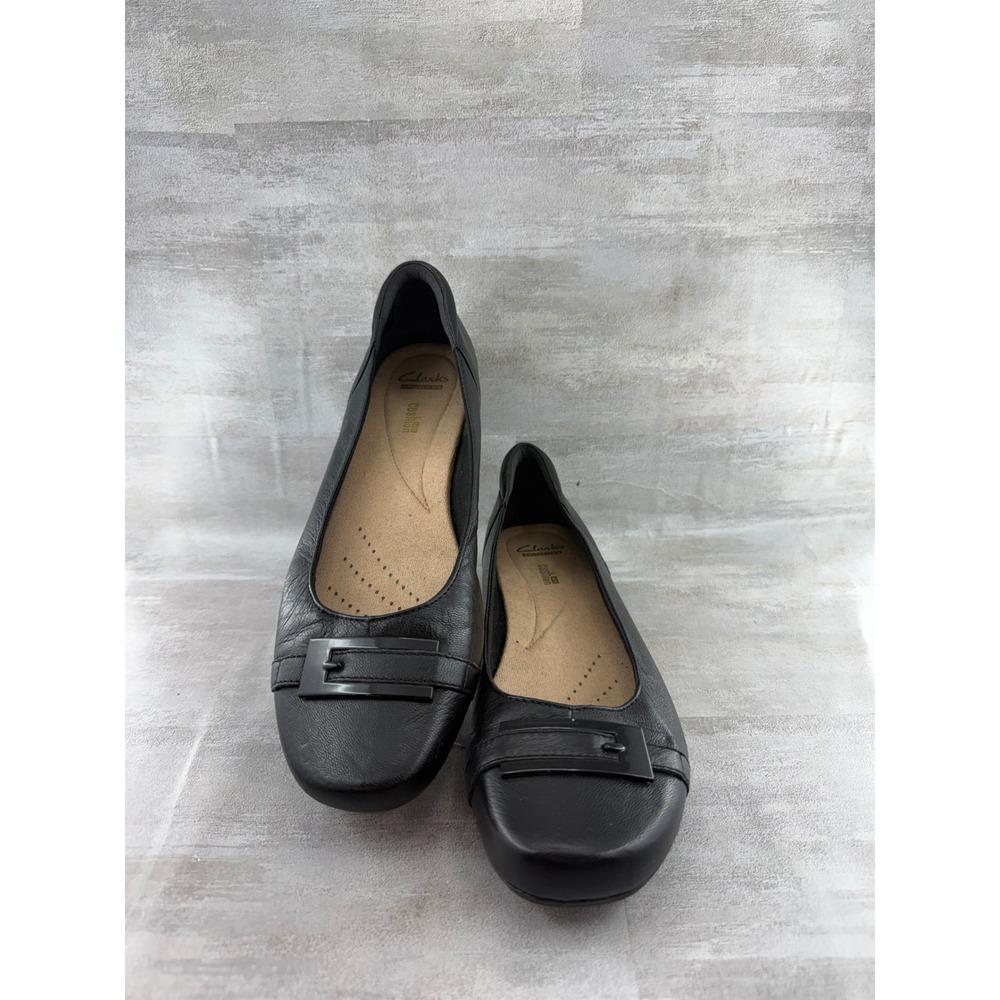 Clarks Collection Black Leather Buckle Ballet Flats Soft Cushion Women Sz 10W